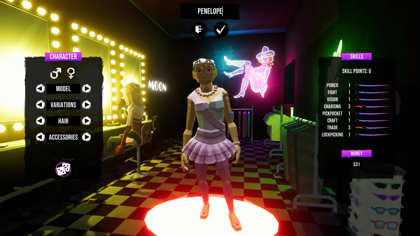 The Boss Gangster: Criminal Empire character creation: a character called Penelope in a dressing room, with Charisma and Trade at 3 and the other skills at 1, and $31 to start