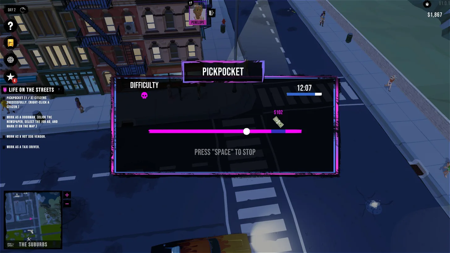 The Boss Gangster: Criminal Empire pickpocket mini-game: a slider bar with a $102 target and the prompt Press Space to stop