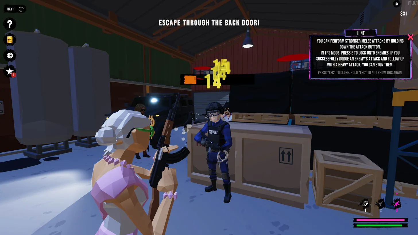 The Boss Gangster: Criminal Empire: the white-haired player character with a rifle beside a police officer in a warehouse during the opening raid, with the objective Escape through the back door