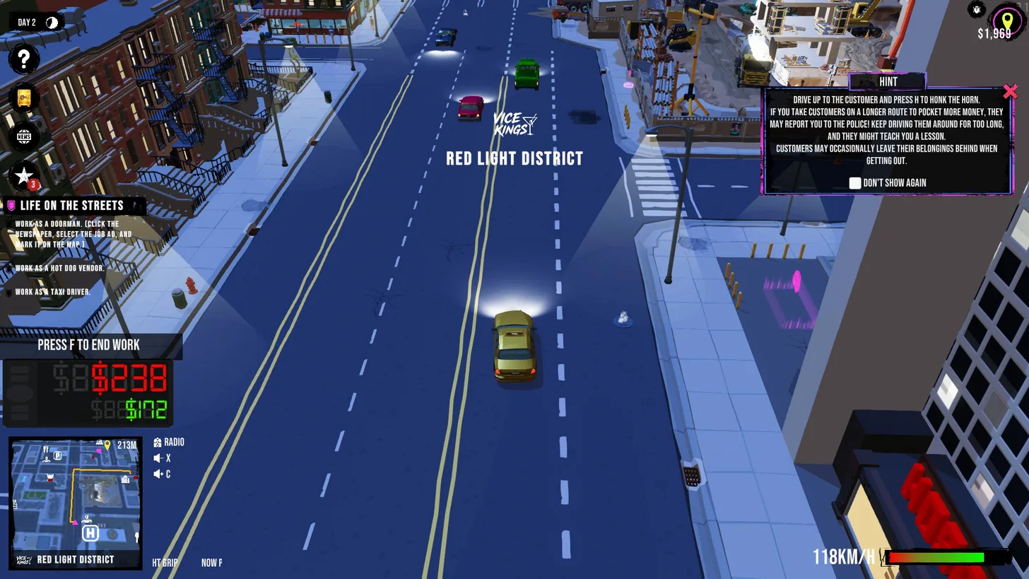 The Boss Gangster: Criminal Empire: a yellow taxi on a road in the Red Light District with the meter at $238, and a hint warning that customers on long routes may report you to the police