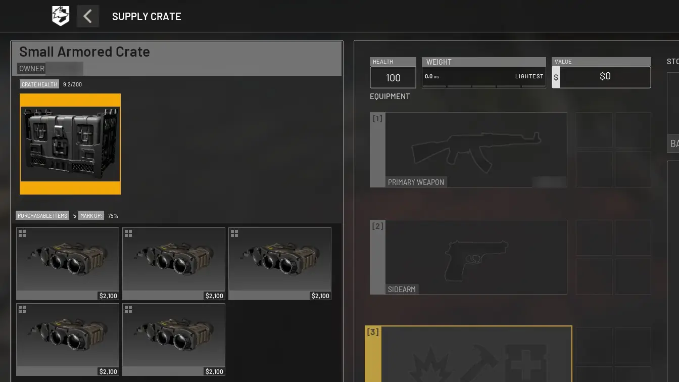 WARDOGS supply crate menu for a Small Armored Crate at 75% markup, listing five infrared range finders at $2,100 each