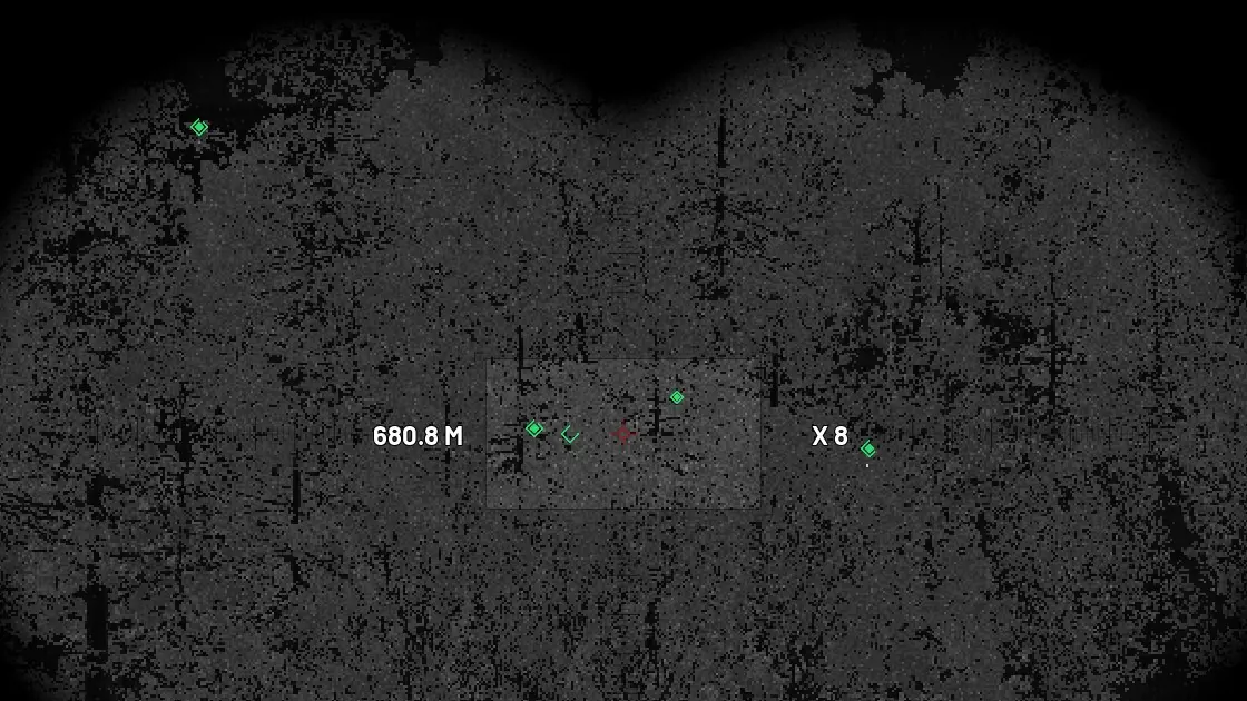 Infrared range finder view at 680.8 metres and 8x over a forest, with five green spot markers on targets hidden in the trees