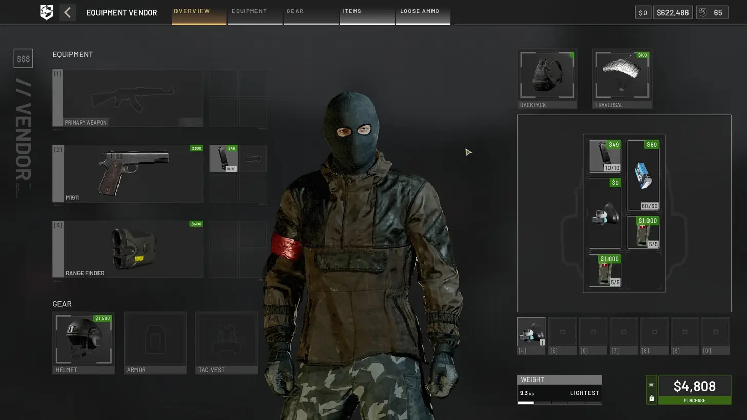 WARDOGS equipment vendor screen with an M1911 pistol, a range finder, a ballistic helmet and a backpack of medkits, ammo and a gas mask, primary weapon slot empty, $4,808 total