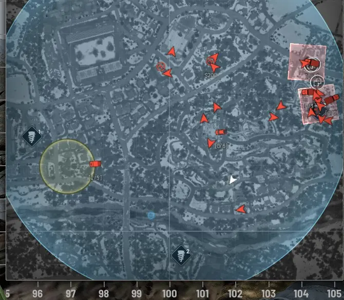 Close-up of the WARDOGS map on a 100 m grid, with the player arrow south-west of two red-marked squares holding vehicle icons