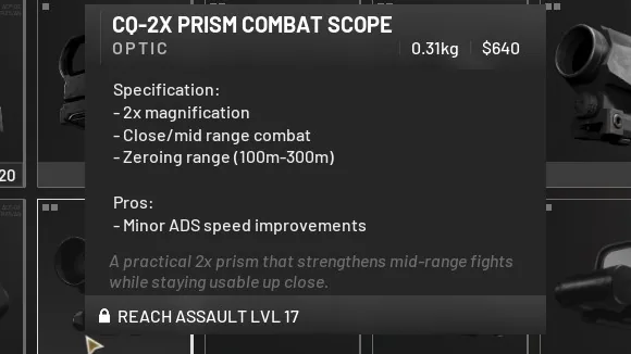 WARDOGS vendor tooltip: CQ-2X Prism Combat Scope for the Mosin Nagant, $640, locked with Reach Assault Lvl 17