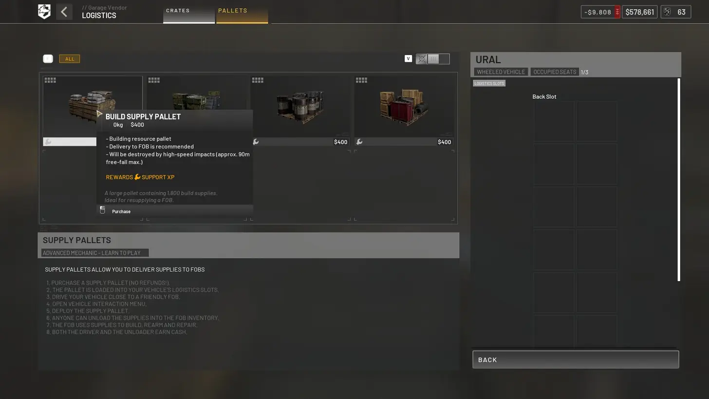 WARDOGS purchase menu showing a building supplies pallet for $400 that adds 1,800 build supplies