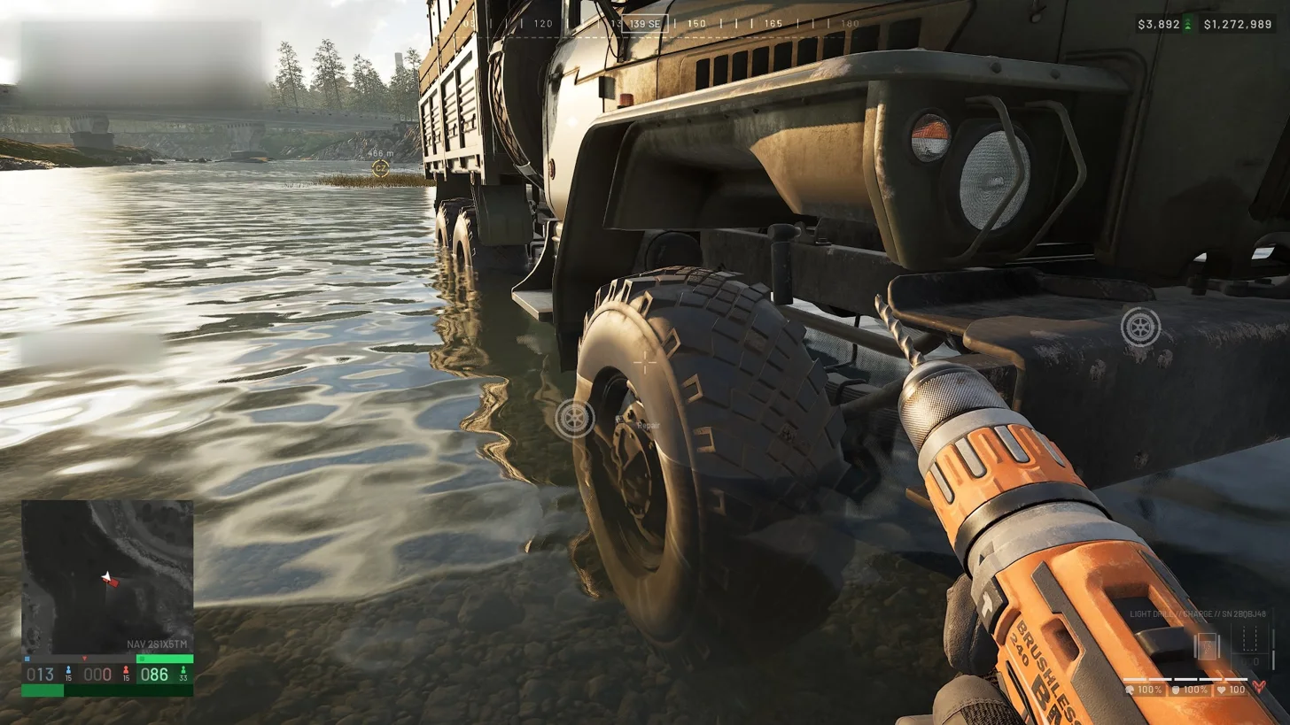 WARDOGS: repairing the Ural Defender's wheel with the Light Drill while standing in a river