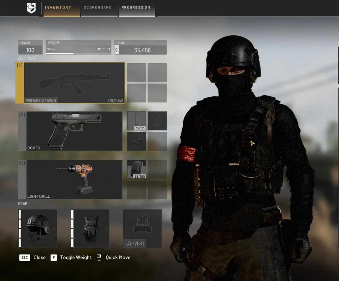 WARDOGS loadout screen: GGX18 pistol with spare magazines, Light Drill, Tier 3 helmet and vest