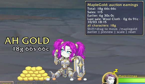 MapleGold tooltip: 18g 66s 66c of auction earnings from 115 sales, last sale Wool Cloth