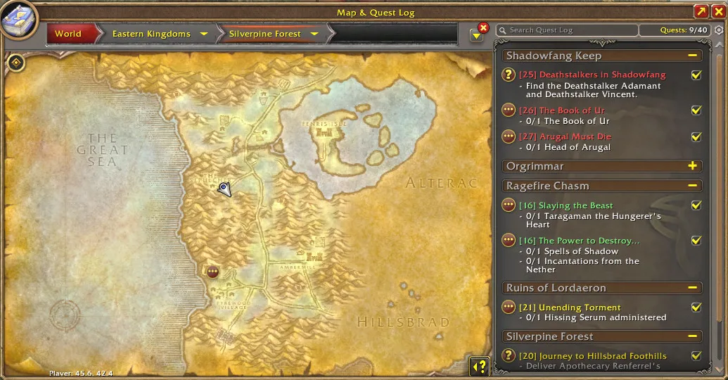 WoW Forever quest log at level 20: three Shadowfang Keep quests, two Ragefire Chasm quests, one Ruins of Lordaeron quest, and Journey to Hillsbrad Foothills