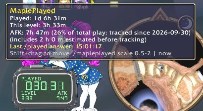 MaplePlayed tooltip: played 1 day 6 hours 31 minutes, 3 hours 33 minutes at this level, 7 hours 47 minutes AFK, 26% of total play