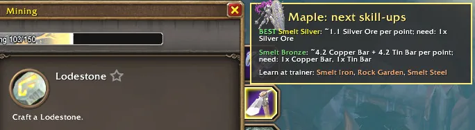 Mining window with the add-on naming Smelt Silver as the best next skill-up and Smelt Iron, Rock Garden and Smelt Steel to learn at the trainer