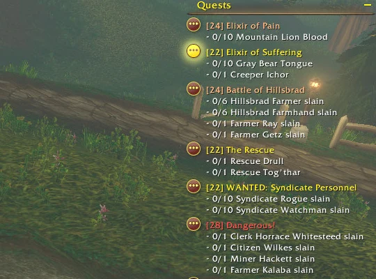 WoW Forever quest tracker at Tarren Mill: Elixir of Pain 24, Elixir of Suffering 22, Battle of Hillsbrad 24, The Rescue 22, WANTED: Syndicate Personnel 22, Dangerous! 28